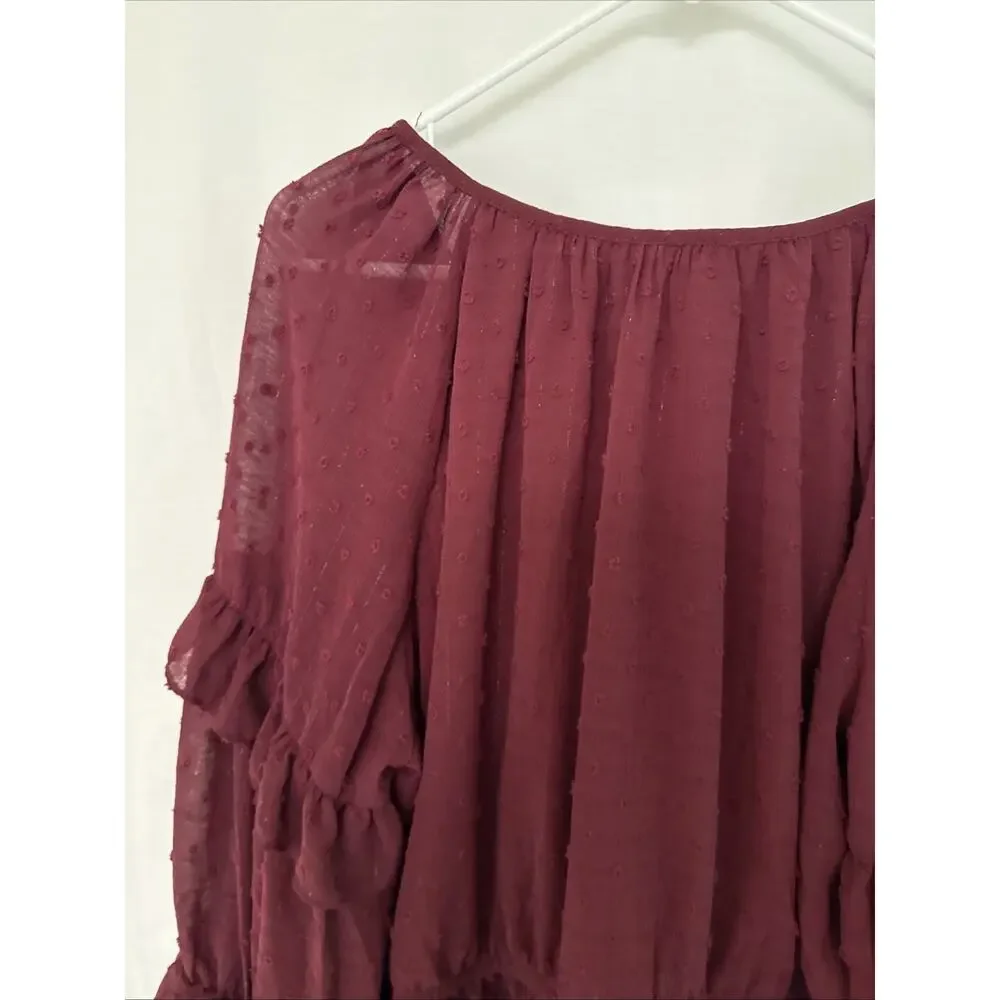 Maurices Blouse Womens XL Burgundy Lined Sheer Pullover Long Ruffle Sleeves NWT